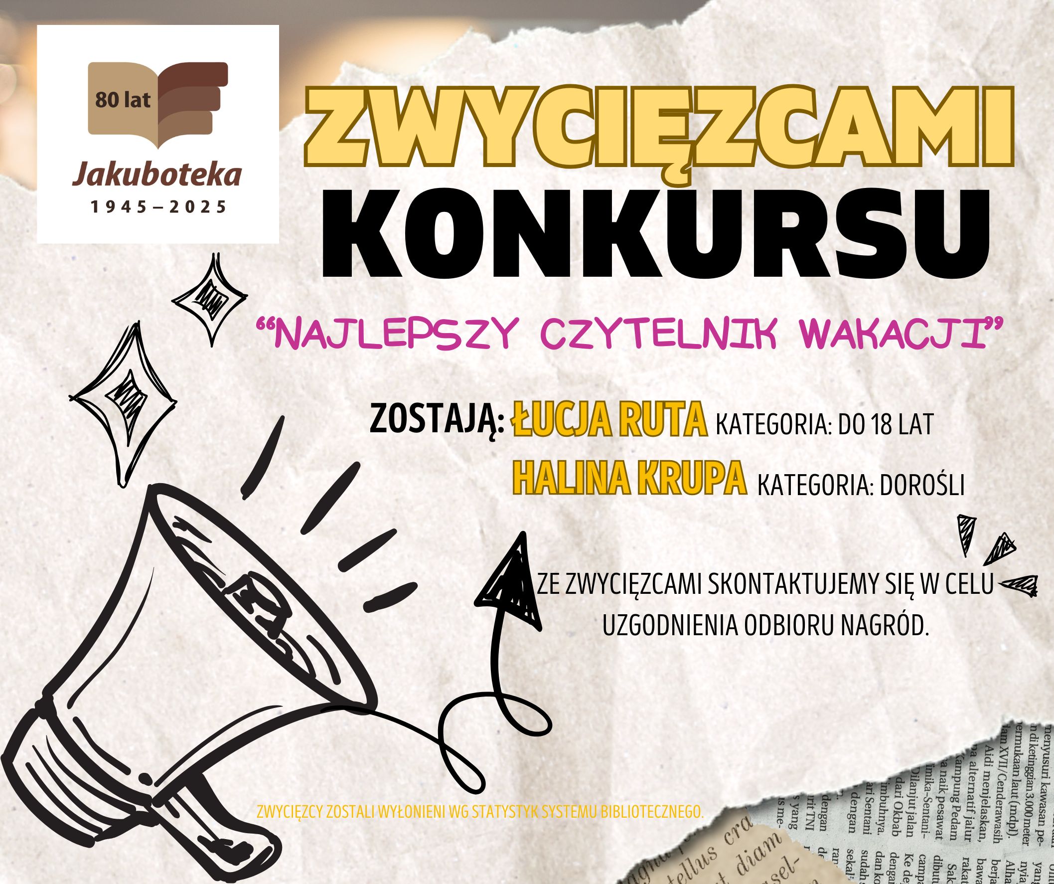 Plakat informujący o zwycięzcach konkursu: Najlepszy czytelnik wakacji