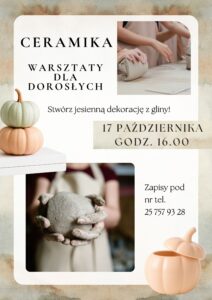 Plakat informujący o warsztatach ceramiki dla dorosłych