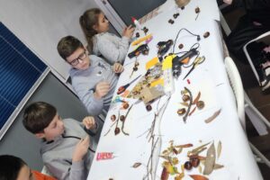 Dzieci na warsztatach, robiące ptaszki z kasztanów