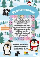 Plakat zapraszający na układanie puzzli.
