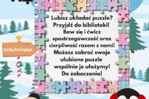 Plakat zapraszający na układanie puzzli.