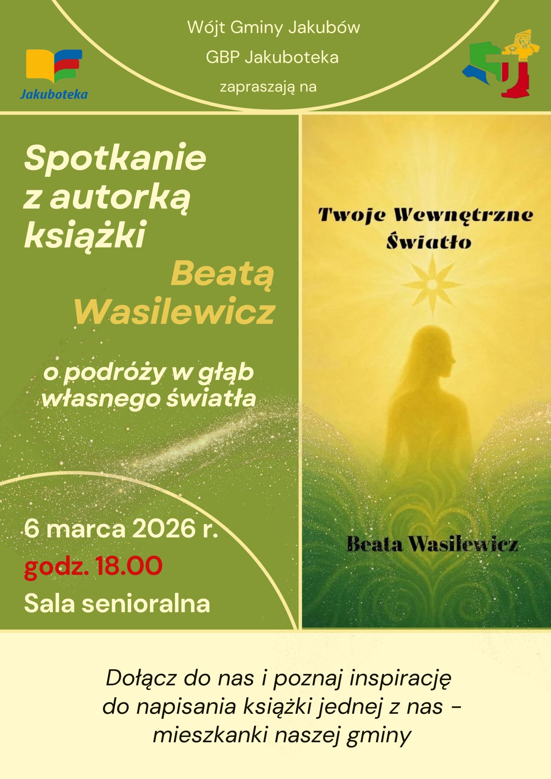 Plakat o spotkaniu autorskim z Beatą Wasilewicz.
