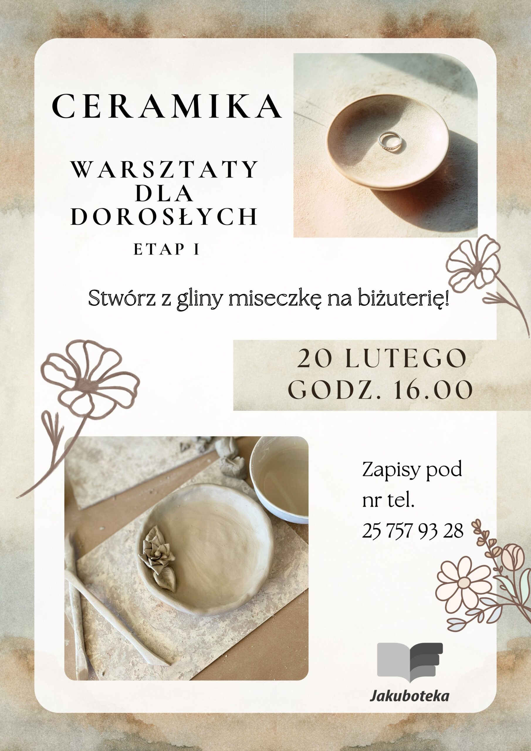 Plakat o warsztatach ceramicznych dla dorosłych.