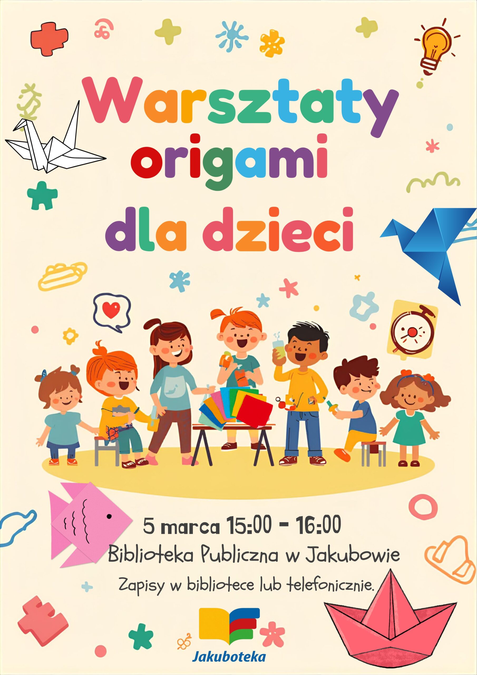 Plakat informujący o warsztatach origami dla dzieci.
