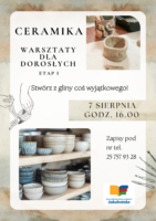 Plakat informujący o warsztatach ceramicznych w bibliotece
