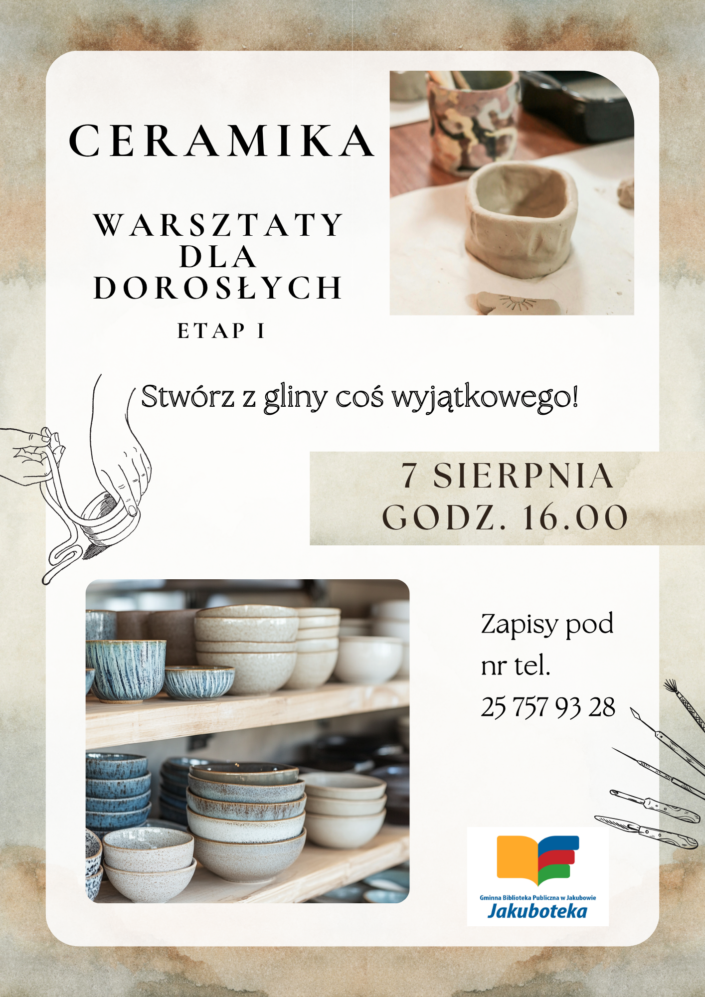 Plakat informujący o warsztatach ceramicznych w bibliotece